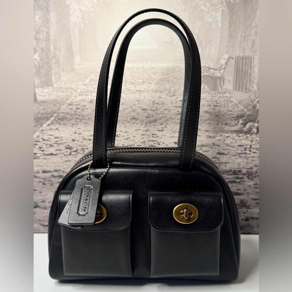 NWT Coach Twin Turnlock 20 Waxed Leather Satchel Bag Black / Antique Brass CCC55